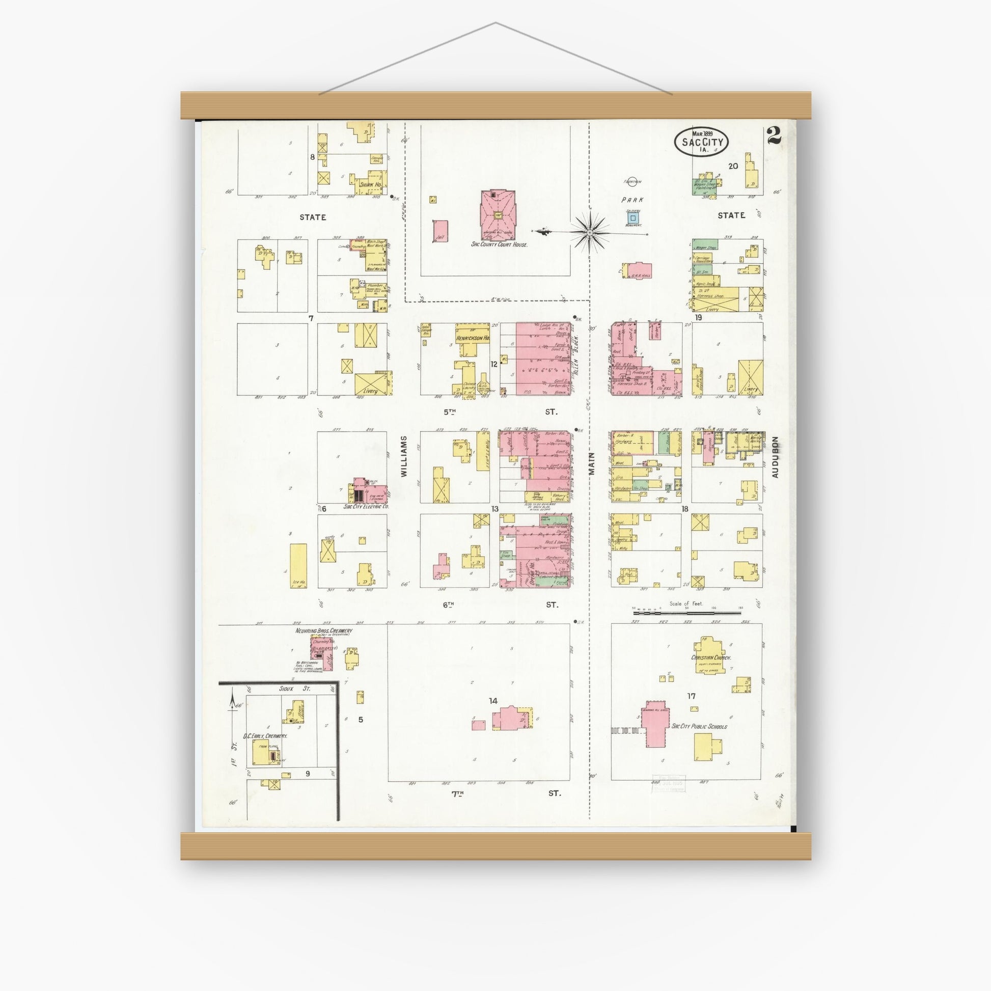 Old map wall art mockup — magnetic wood frame on white wall — Sanborn Fire Insurance Map from Sac City, Sac County, Iowa (1899), Sheet #0002