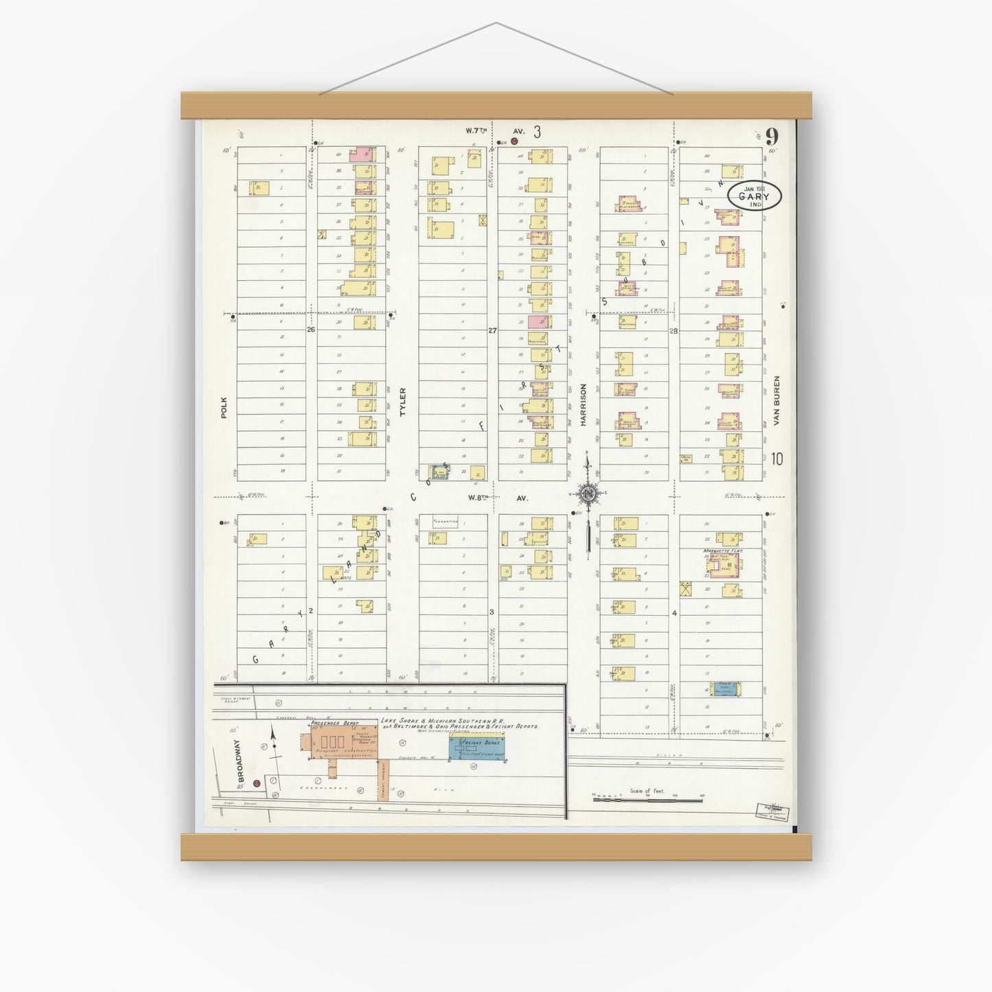 Old map wall art mockup — magnetic wood frame on white wall — Sanborn Fire Insurance Map from Gary, Lake County, Indiana (1911), Sheet #0009