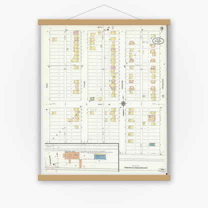 Old map wall art mockup — magnetic wood frame on white wall — Sanborn Fire Insurance Map from Gary, Lake County, Indiana (1911), Sheet #0009