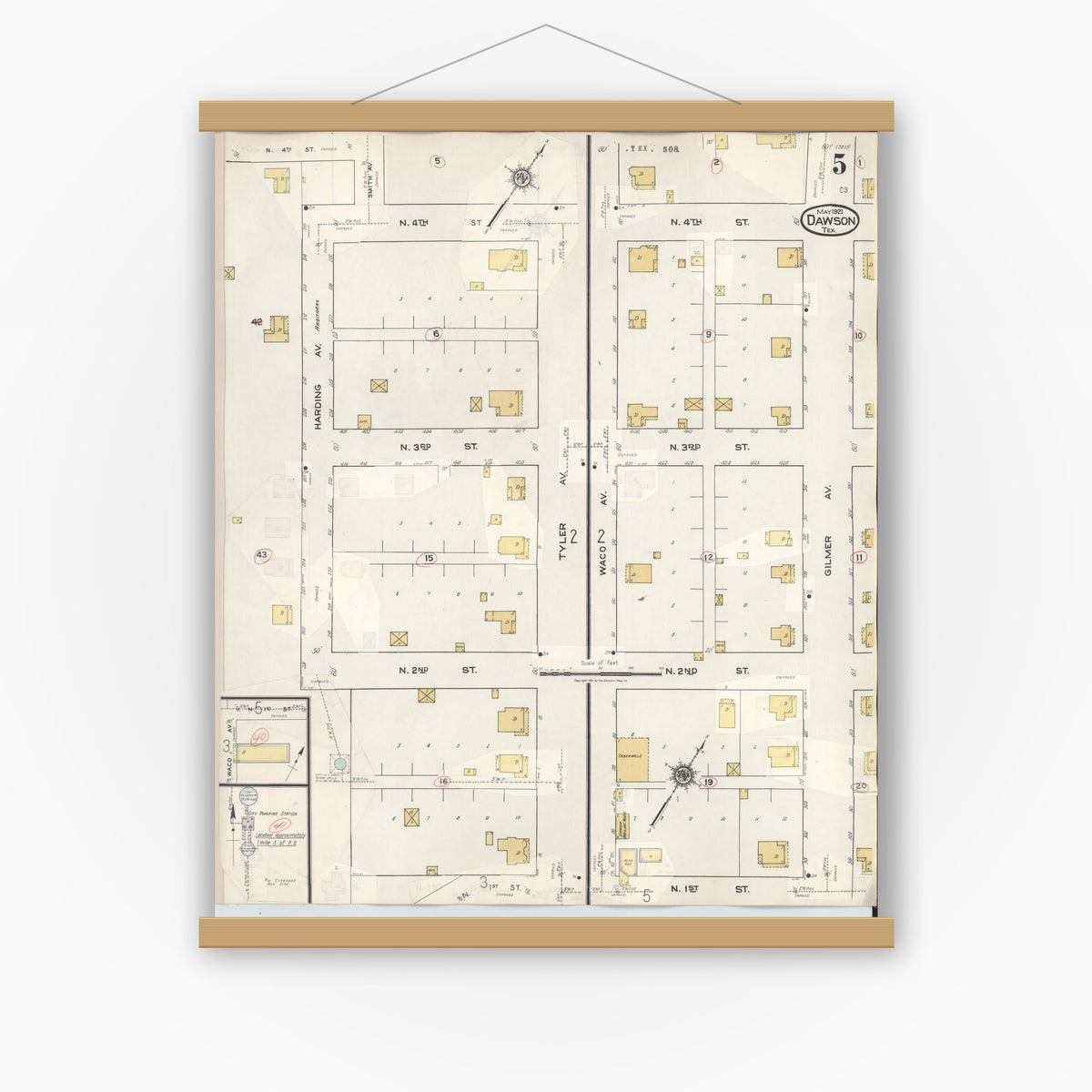 Old map wall art mockup — magnetic wood frame on white wall — Sanborn Fire Insurance Map from Dawson, Navarro County, Texas (1943), Sheet #0005