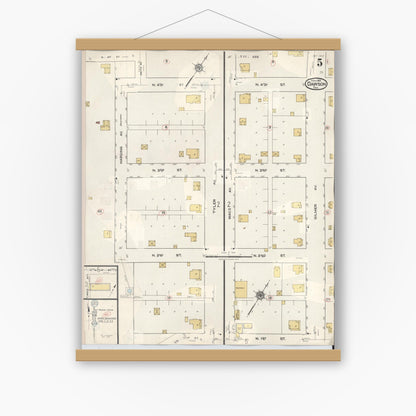 Old map wall art mockup — magnetic wood frame on white wall — Sanborn Fire Insurance Map from Dawson, Navarro County, Texas (1943), Sheet #0005