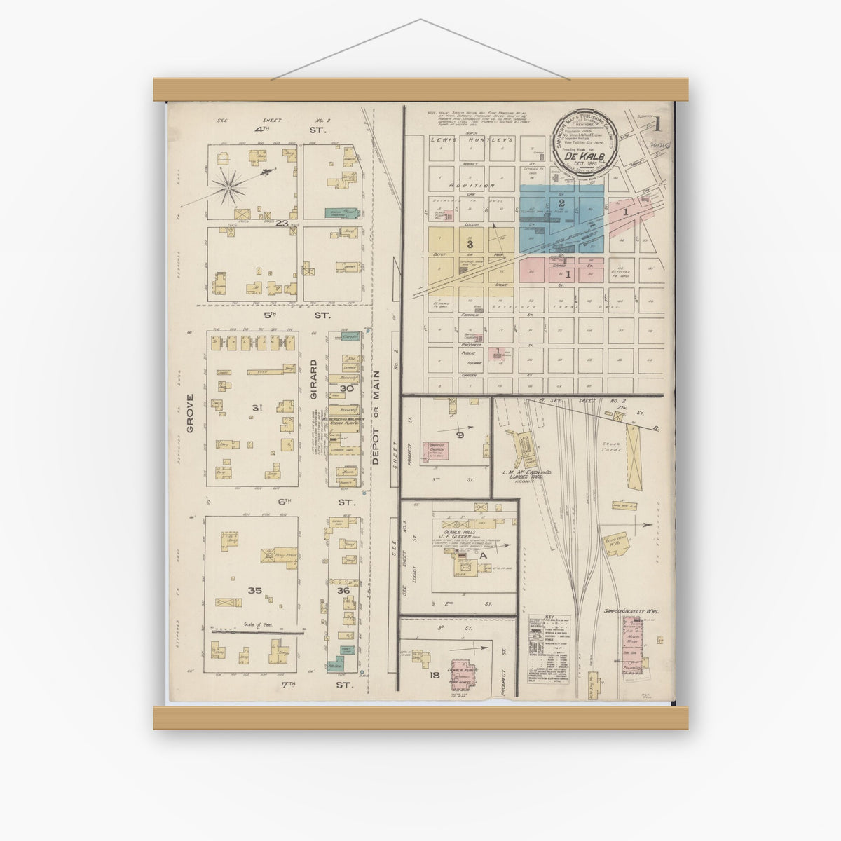 Old map wall art mockup — magnetic wood frame on white wall — Sanborn Fire Insurance Map from De Kalb, De Kalb County, Illinois (1885) - Complete Map Set