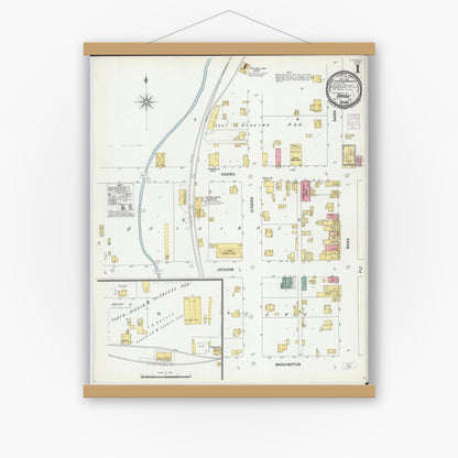 Old map wall art mockup — magnetic wood frame on white wall — Sanborn Fire Insurance Map from Orion, Henry County, Illinois (1901), Sheet #0001