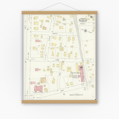 Old map wall art mockup — magnetic wood frame on white wall — Sanborn Fire Insurance Map from Gouverneur, Saint Lawrence County, New York (1912), Sheet #0011
