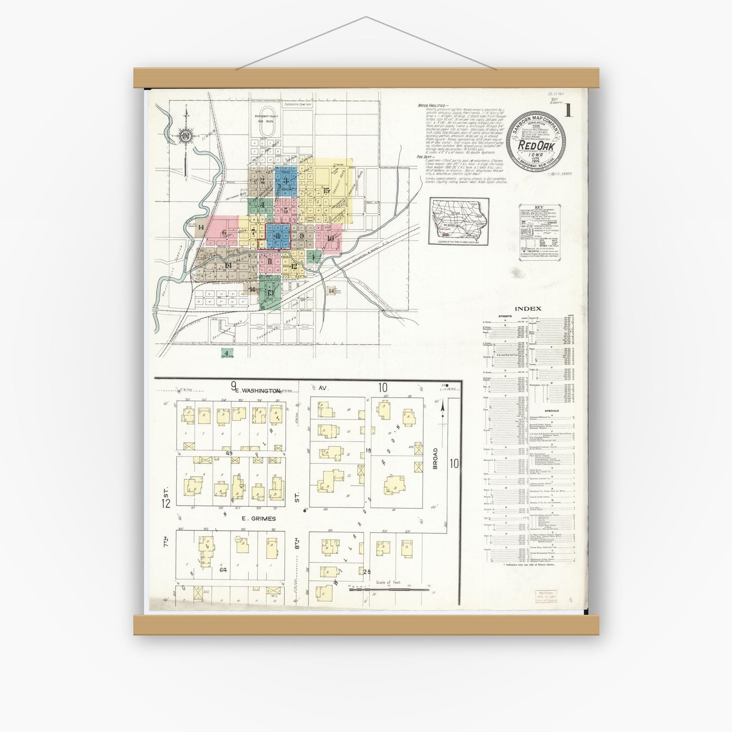 Old map wall art mockup — magnetic wood frame on white wall — Sanborn Fire Insurance Map from Red Oak, Montgomery County, Iowa (1914) â€” Complete Set