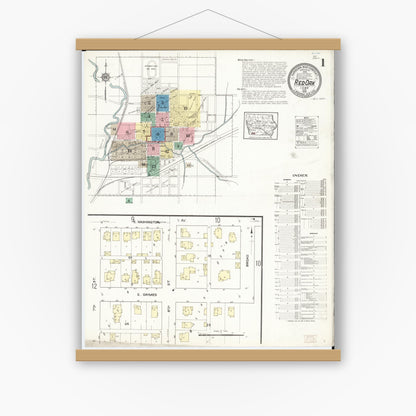 Old map wall art mockup — magnetic wood frame on white wall — Sanborn Fire Insurance Map from Red Oak, Montgomery County, Iowa (1914) â€” Complete Set