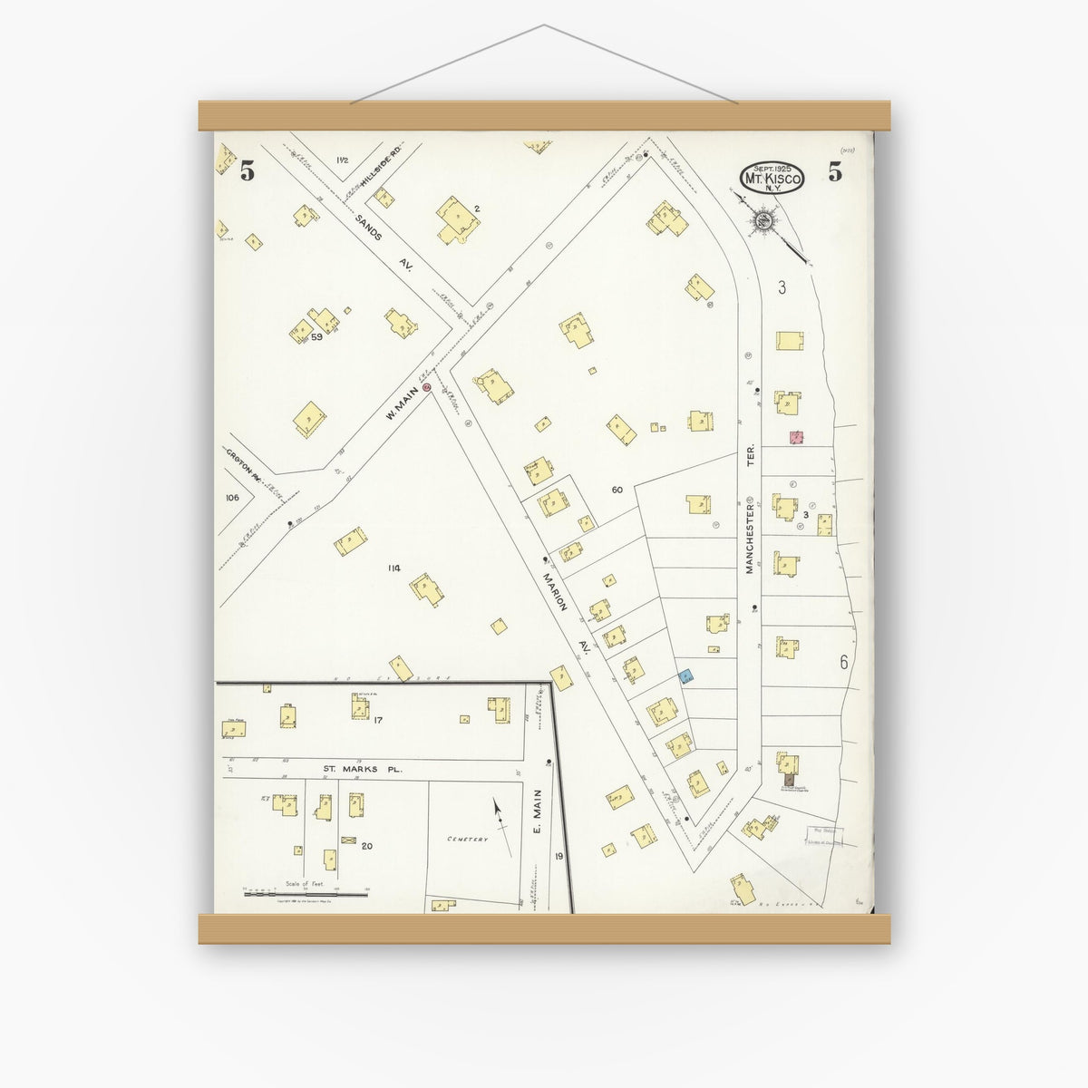 Old map wall art mockup — magnetic wood frame on white wall — Sanborn Fire Insurance Map from Mount Kisco, Westchester County, New York (1925), Sheet #0005
