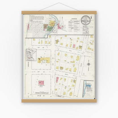 Old map wall art mockup — magnetic wood frame on white wall — Sanborn Fire Insurance Map from Granite Falls, Yellow Medicine And Chippewa Counties, Minnesota (1917), Sheet #0001