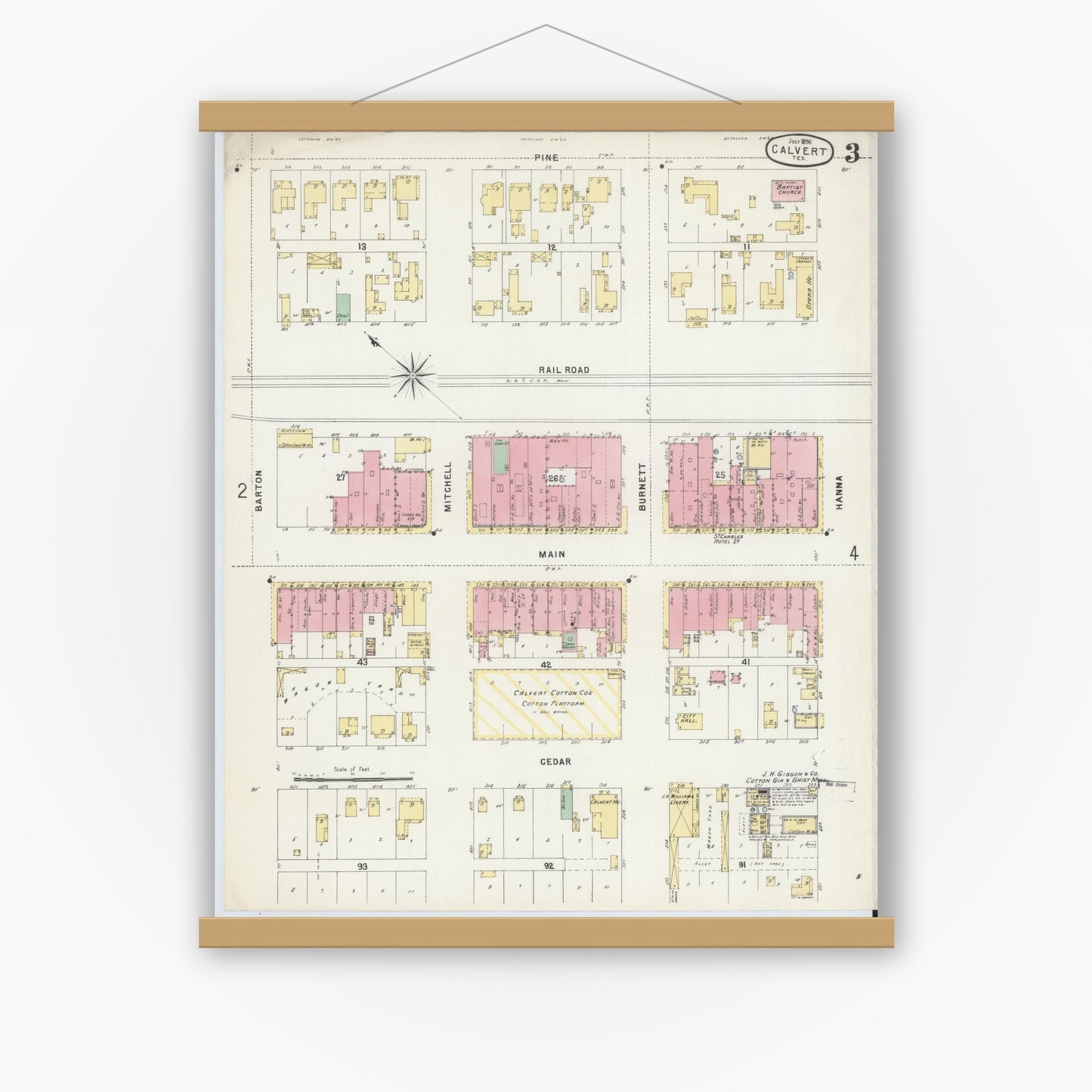 Old map wall art mockup — magnetic wood frame on white wall — Sanborn Fire Insurance Map from Calvert, Robertson County, Texas (1896), Sheet #0003