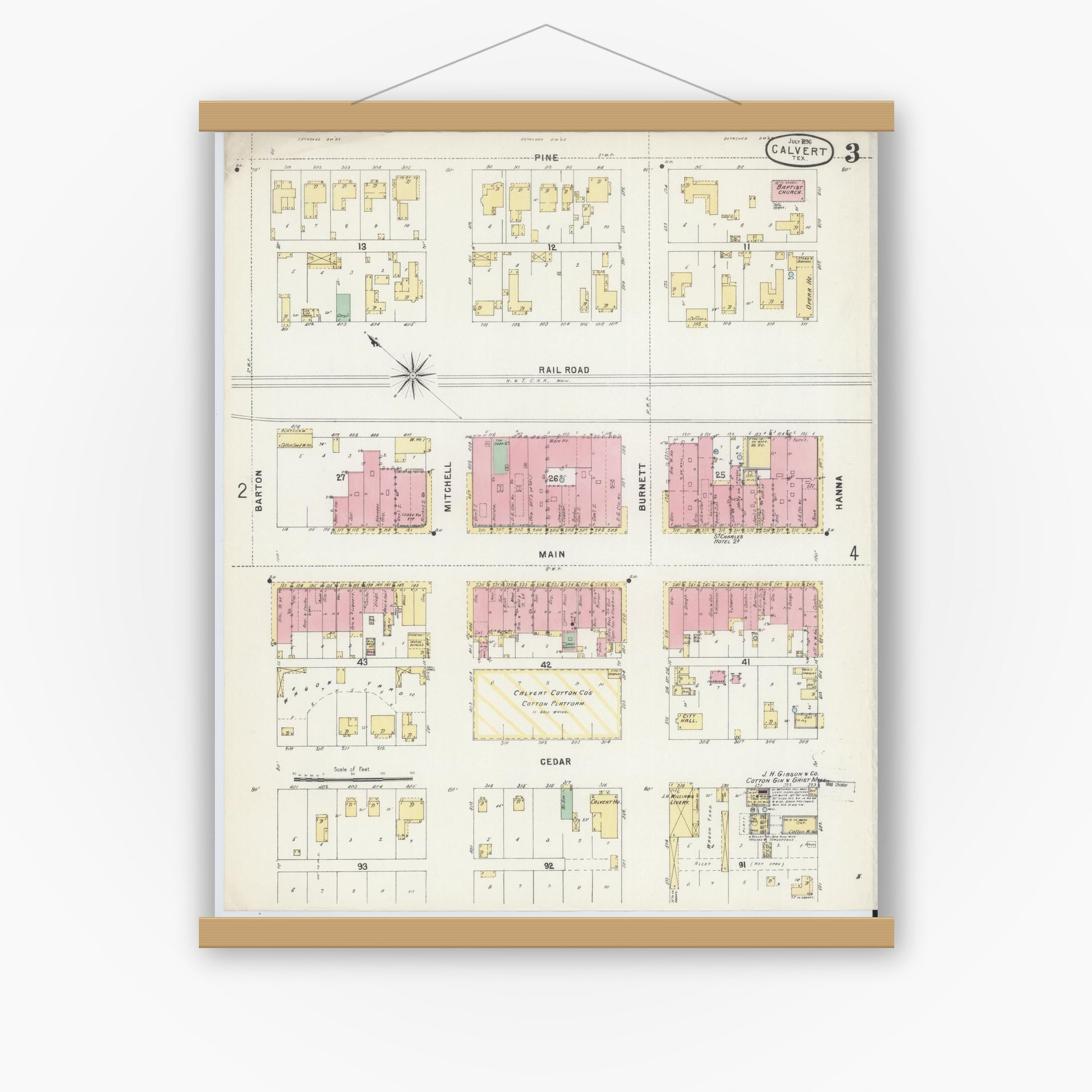 Old map wall art mockup — magnetic wood frame on white wall — Sanborn Fire Insurance Map from Calvert, Robertson County, Texas (1896), Sheet #0003
