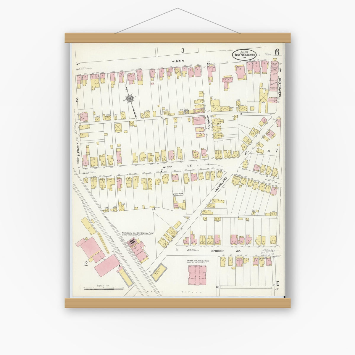 Old map wall art mockup — magnetic wood frame on white wall — Sanborn Fire Insurance Map from Waynesboro, Franklin County, Pennsylvania (1910), Sheet #0006
