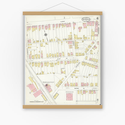 Old map wall art mockup — magnetic wood frame on white wall — Sanborn Fire Insurance Map from Waynesboro, Franklin County, Pennsylvania (1910), Sheet #0006