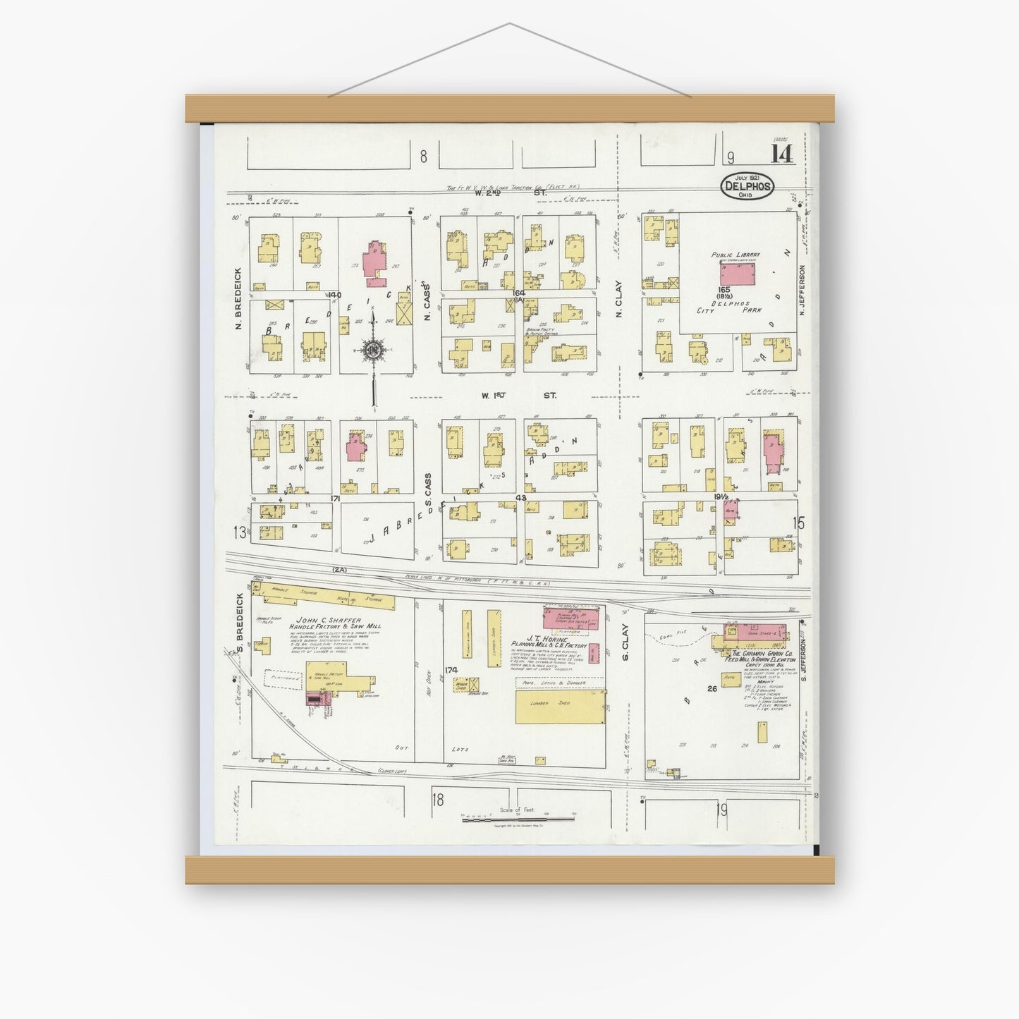 Old map wall art mockup — magnetic wood frame on white wall — Sanborn Fire Insurance Map from Delphos, Van Wert And Allen Counties, Ohio (1921), Sheet #0014