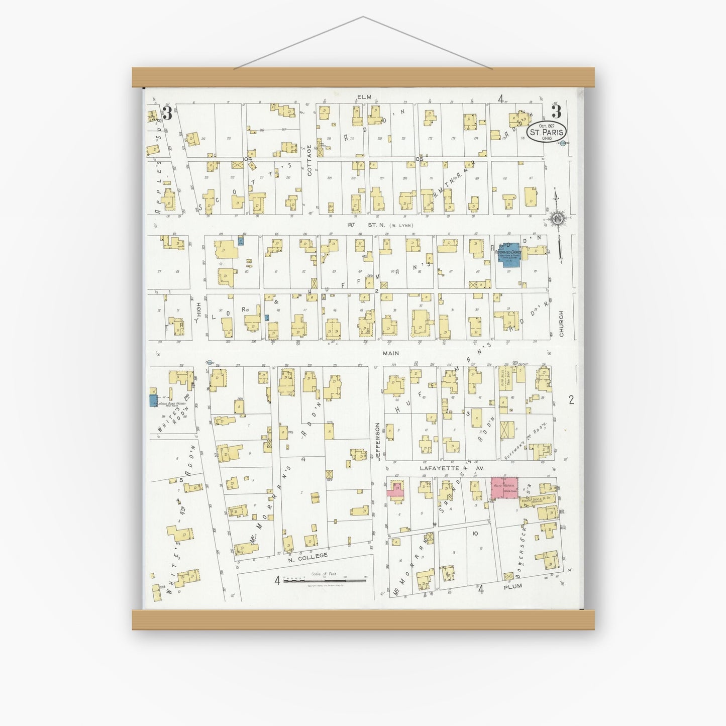 Old map wall art mockup — magnetic wood frame on white wall — Sanborn Fire Insurance Map from Saint Paris, Champaign County, Ohio (1927), Sheet #0003