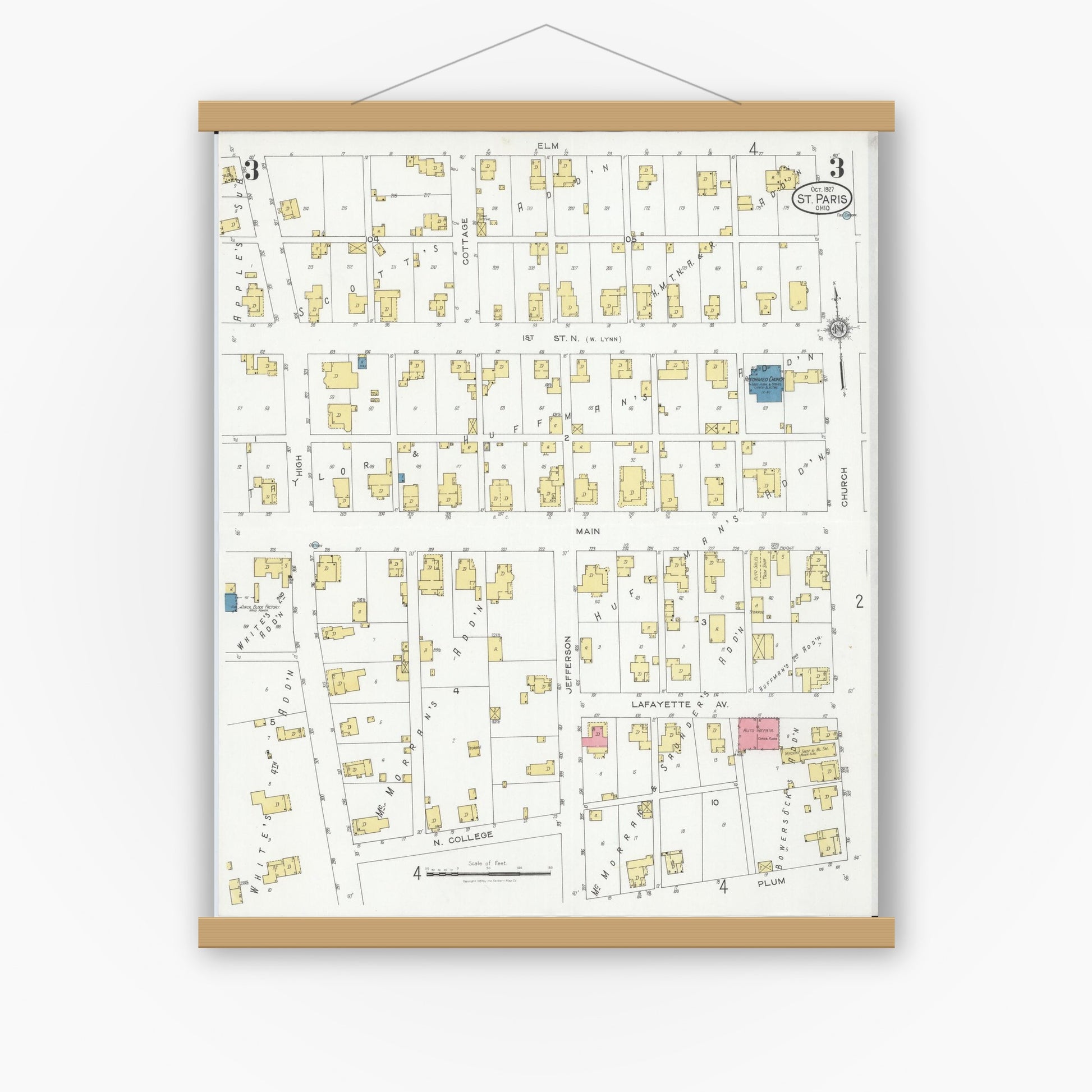 Old map wall art mockup — magnetic wood frame on white wall — Sanborn Fire Insurance Map from Saint Paris, Champaign County, Ohio (1927), Sheet #0003