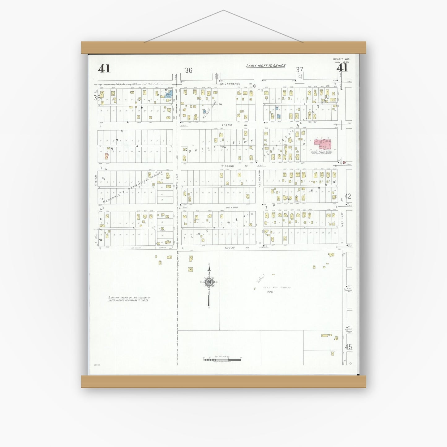 Old map wall art mockup — magnetic wood frame on white wall — Sanborn Fire Insurance Map from Beloit, Rock County, Wisconsin (1939), Sheet #0041