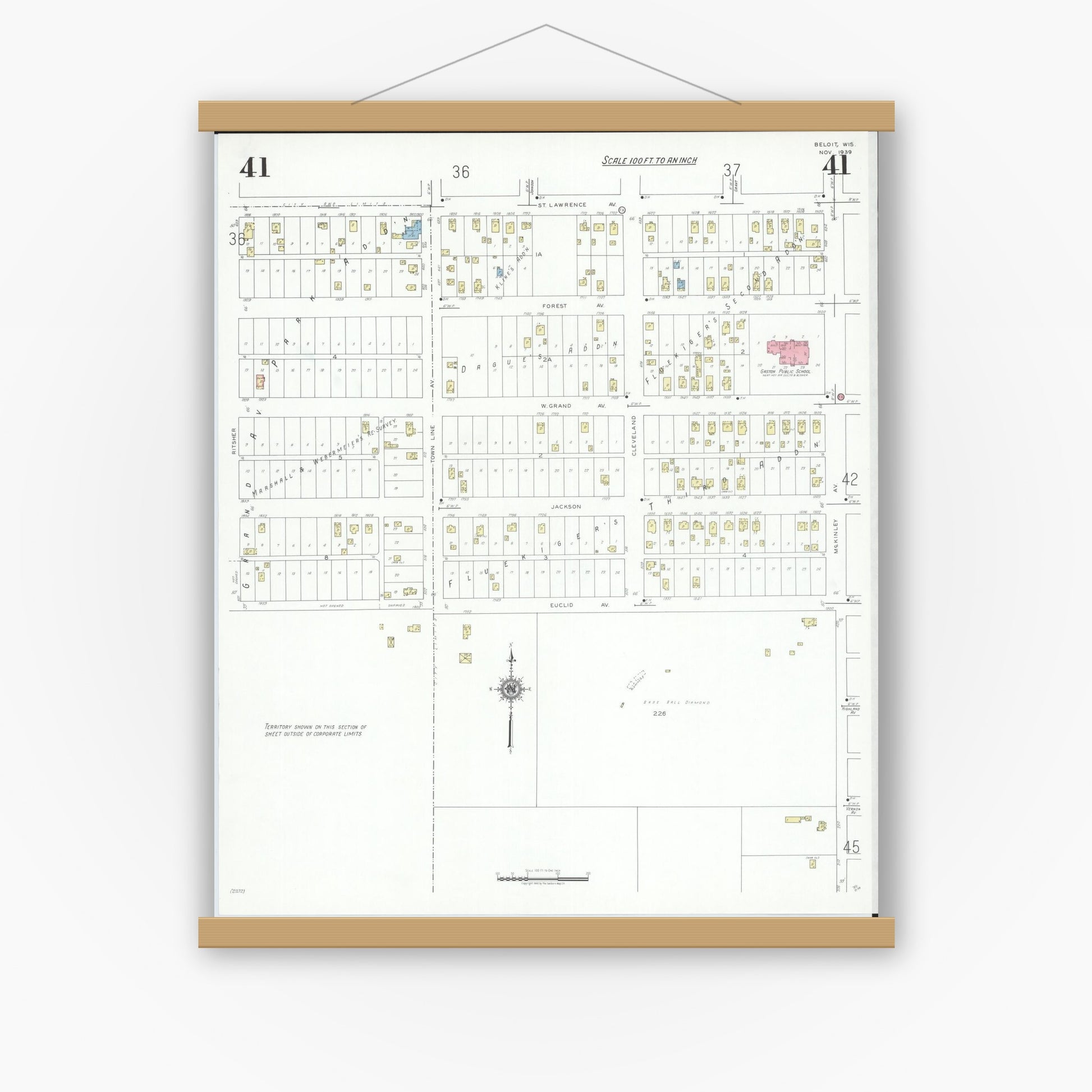 Old map wall art mockup — magnetic wood frame on white wall — Sanborn Fire Insurance Map from Beloit, Rock County, Wisconsin (1939), Sheet #0041