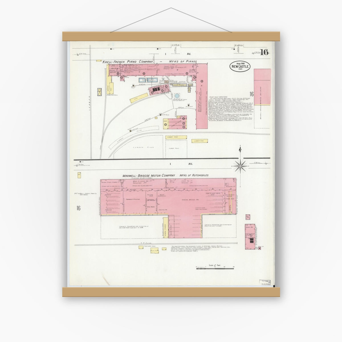 Old map wall art mockup — magnetic wood frame on white wall — Sanborn Fire Insurance Map from New Castle, Henry County, Indiana (1908), Sheet #0016