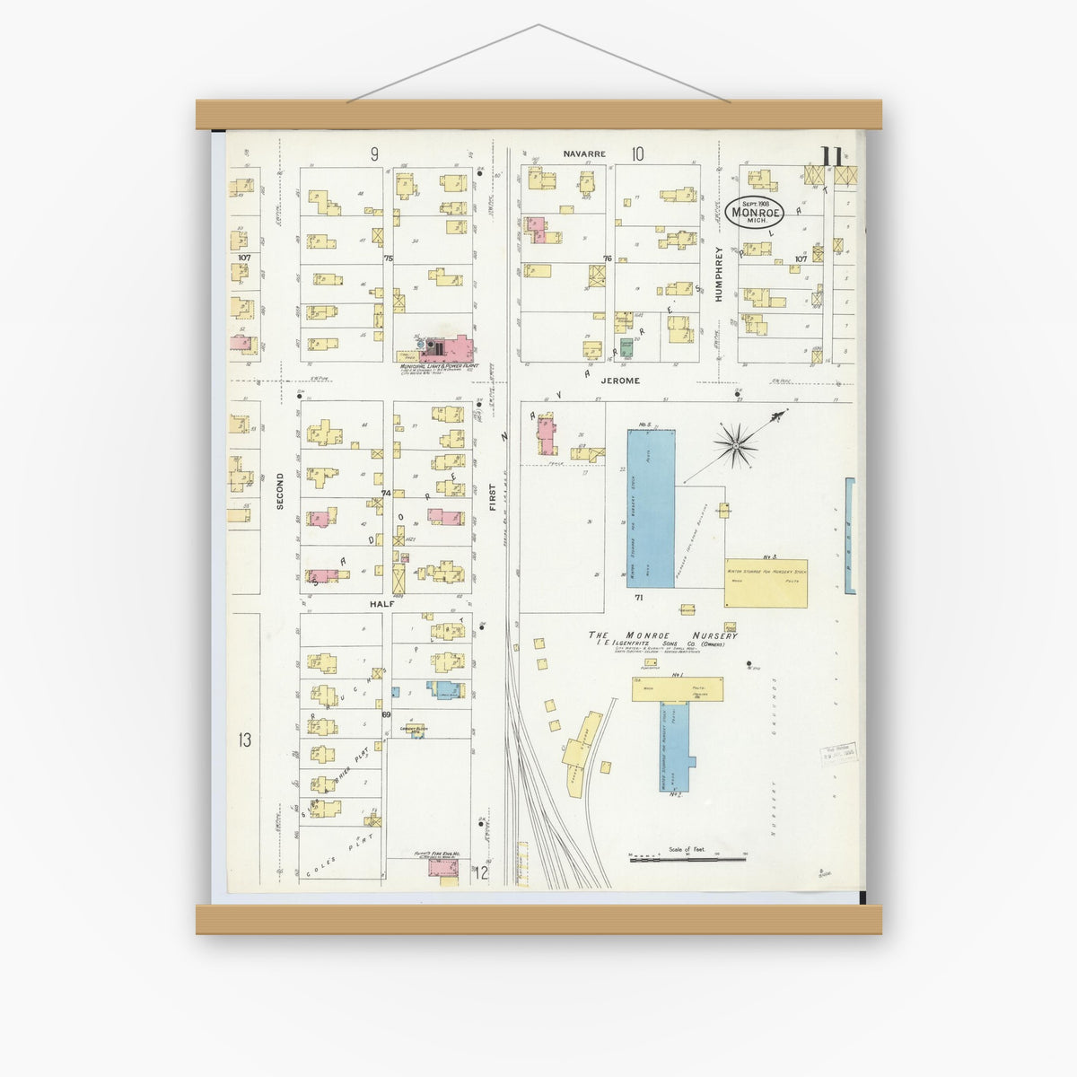 Old map wall art mockup — magnetic wood frame on white wall — Sanborn Fire Insurance Map from Monroe, Monroe County, Michigan (1908), Sheet #0011
