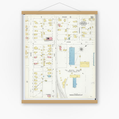 Old map wall art mockup — magnetic wood frame on white wall — Sanborn Fire Insurance Map from Monroe, Monroe County, Michigan (1908), Sheet #0011