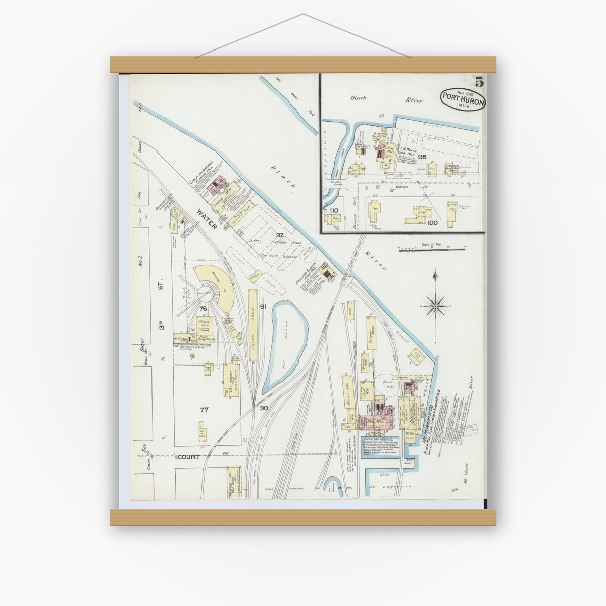 Old map wall art mockup — magnetic wood frame on white wall — Sanborn Fire Insurance Map from Port Huron, Saint Clair County, Michigan (1887), Sheet #0005