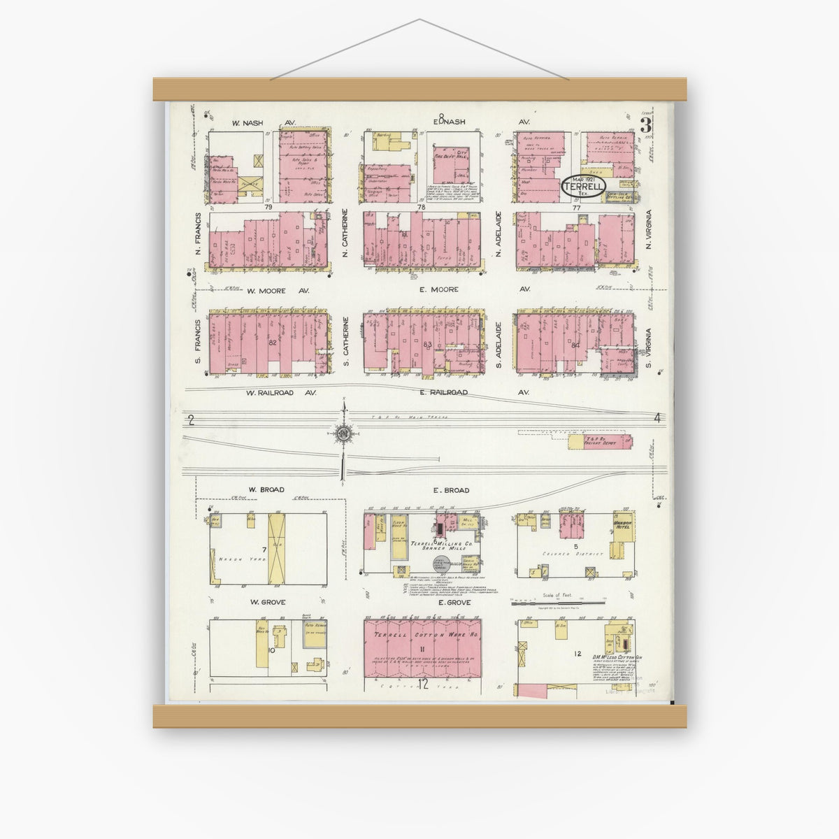Old map wall art mockup — magnetic wood frame on white wall — Sanborn Fire Insurance Map from Terrell, Kaufman County, Texas (1921), Sheet #0003
