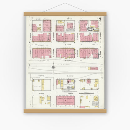 Old map wall art mockup — magnetic wood frame on white wall — Sanborn Fire Insurance Map from Terrell, Kaufman County, Texas (1921), Sheet #0003