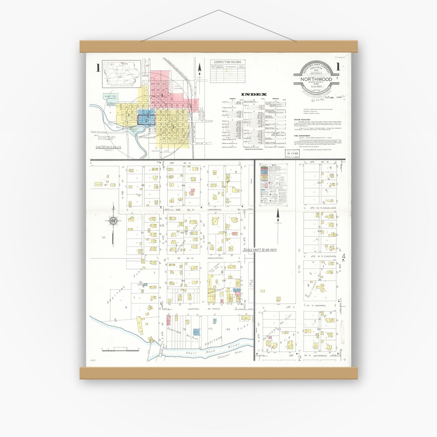 Old map wall art mockup — magnetic wood frame on white wall — Sanborn Fire Insurance Map from Northwood, Worth County, Iowa (1935), Sheet #0001