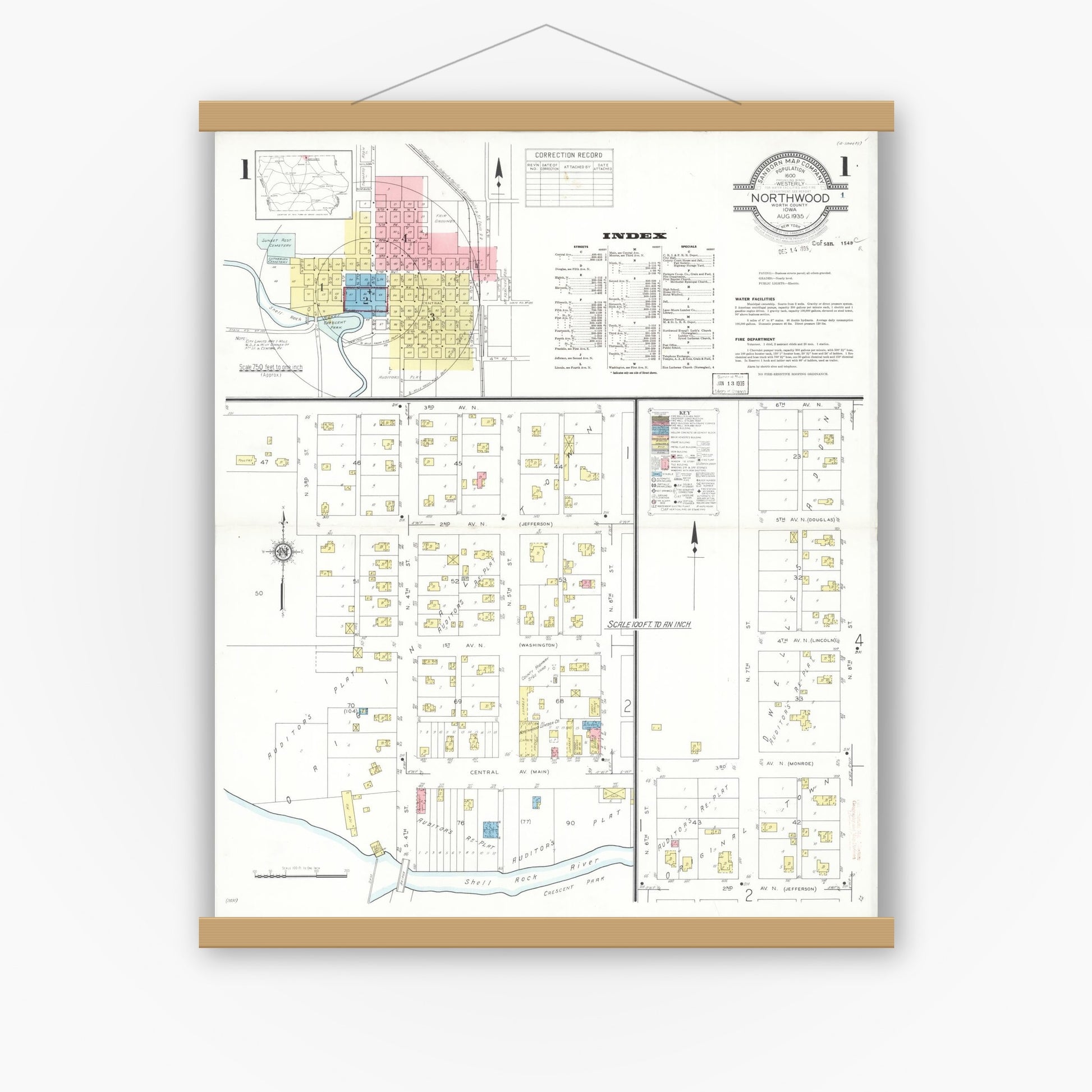 Old map wall art mockup — magnetic wood frame on white wall — Sanborn Fire Insurance Map from Northwood, Worth County, Iowa (1935), Sheet #0001