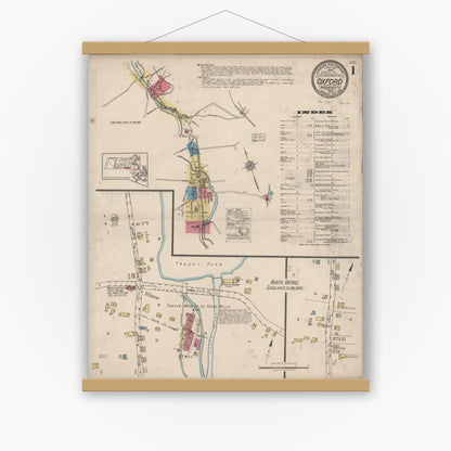 Old map wall art mockup — magnetic wood frame on white wall — Sanborn Fire Insurance Map from Oxford, Worcester County, Massachusetts (1922) - Complete Map Set