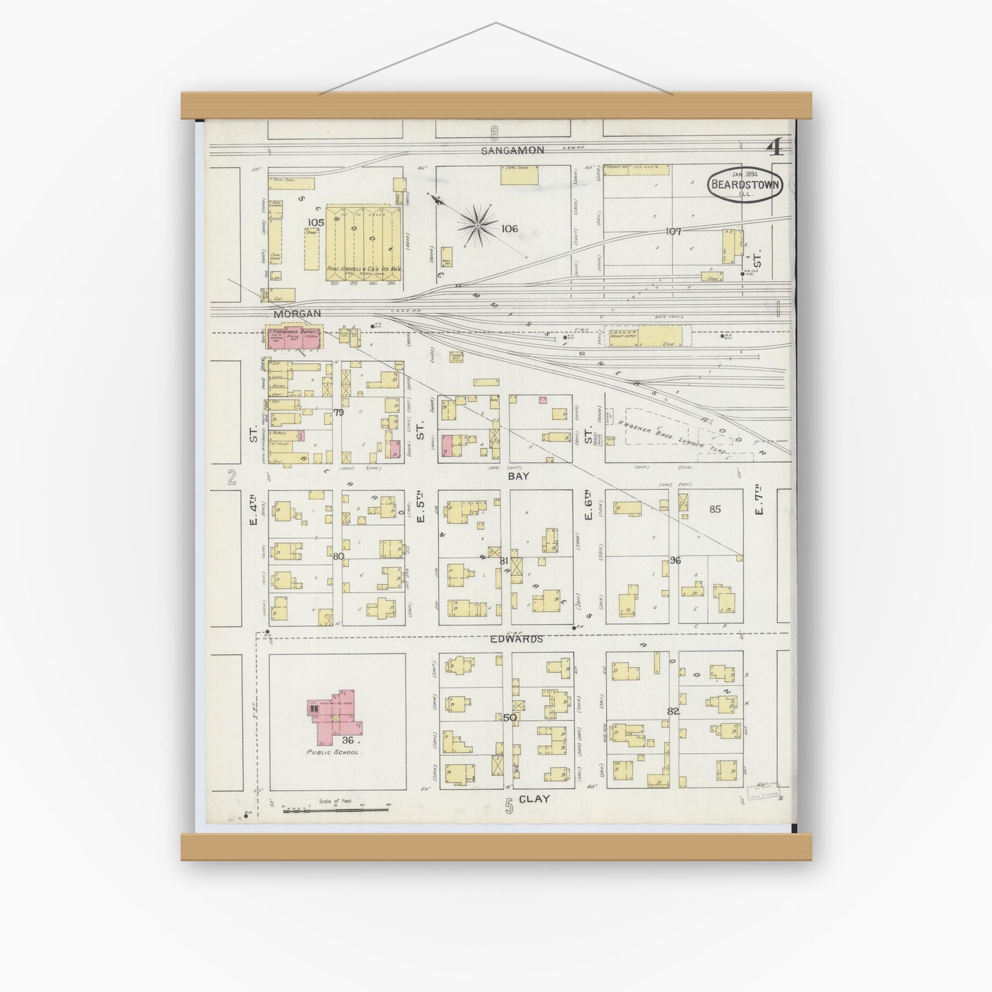 Old map wall art mockup — magnetic wood frame on white wall — Sanborn Fire Insurance Map from Beardstown, Cass County, Illinois (1894), Sheet #0004