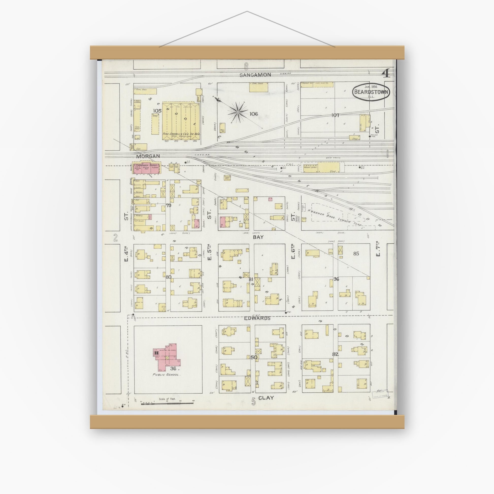 Old map wall art mockup — magnetic wood frame on white wall — Sanborn Fire Insurance Map from Beardstown, Cass County, Illinois (1894), Sheet #0004