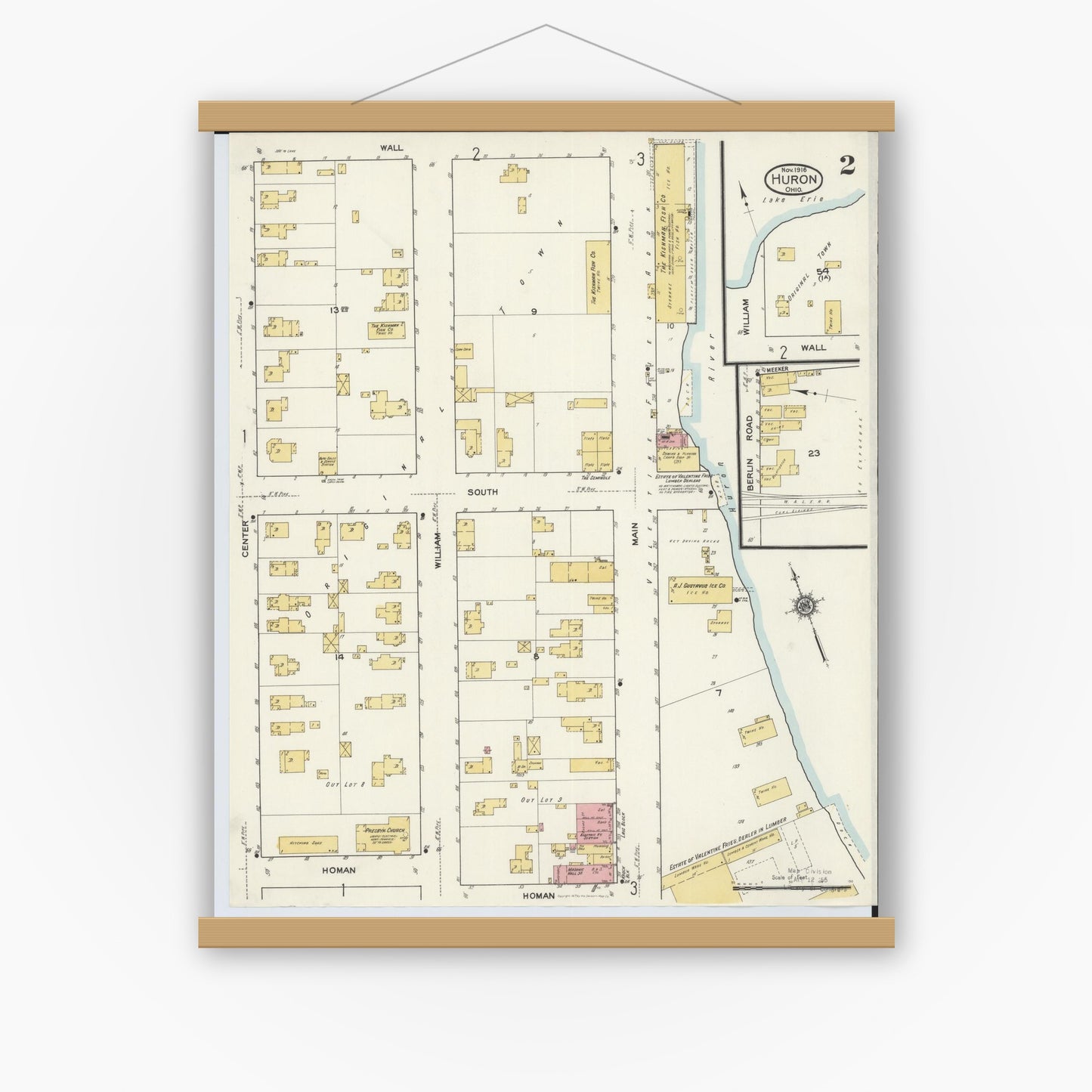 Old map wall art mockup — magnetic wood frame on white wall — Sanborn Fire Insurance Map from Huron, Erie County, Ohio (1916), Sheet #0002