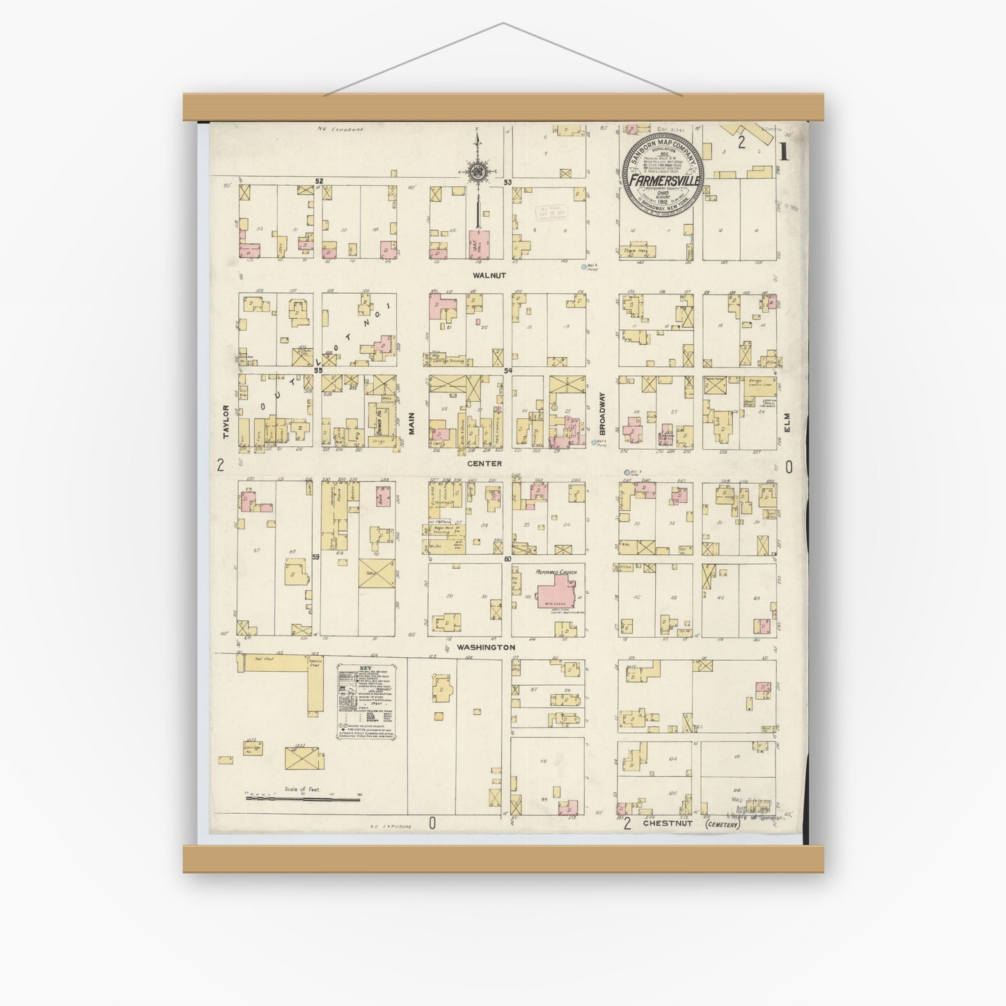 Old map wall art mockup — magnetic wood frame on white wall — Sanborn Fire Insurance Map from Farmersville, Montogomery County, Ohio (1912) - Complete Map Set