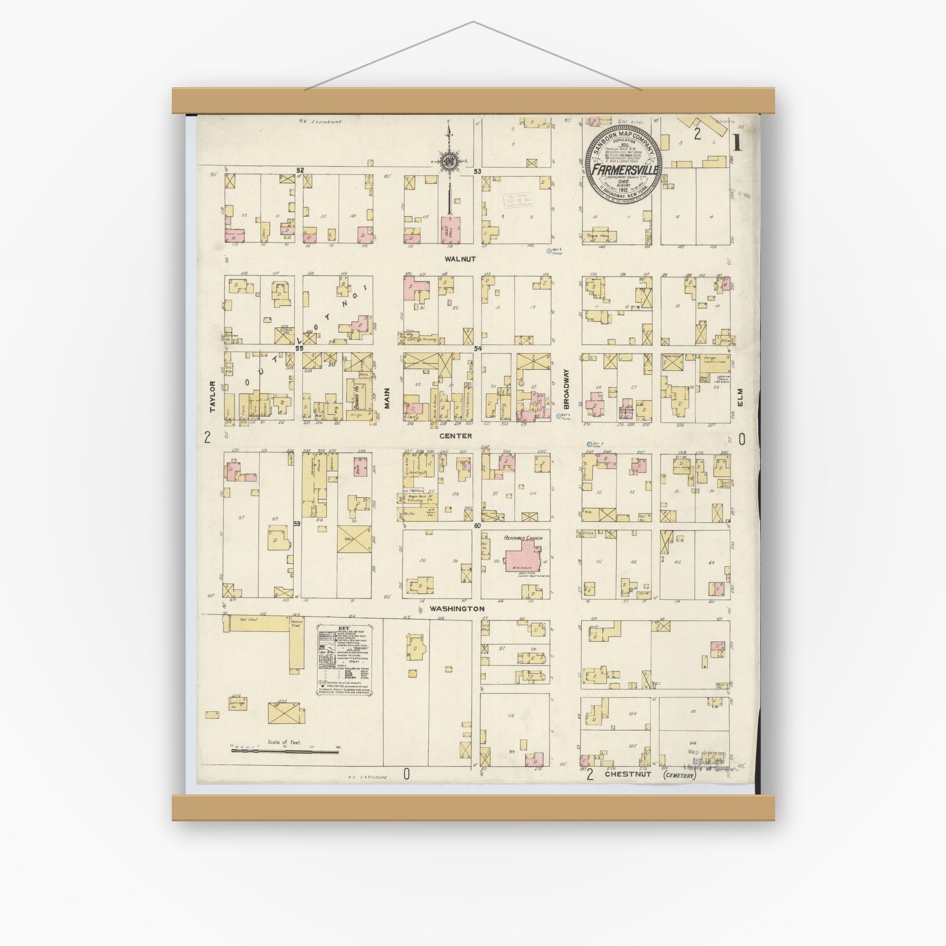 Old map wall art mockup — magnetic wood frame on white wall — Sanborn Fire Insurance Map from Farmersville, Montogomery County, Ohio (1912) - Complete Map Set