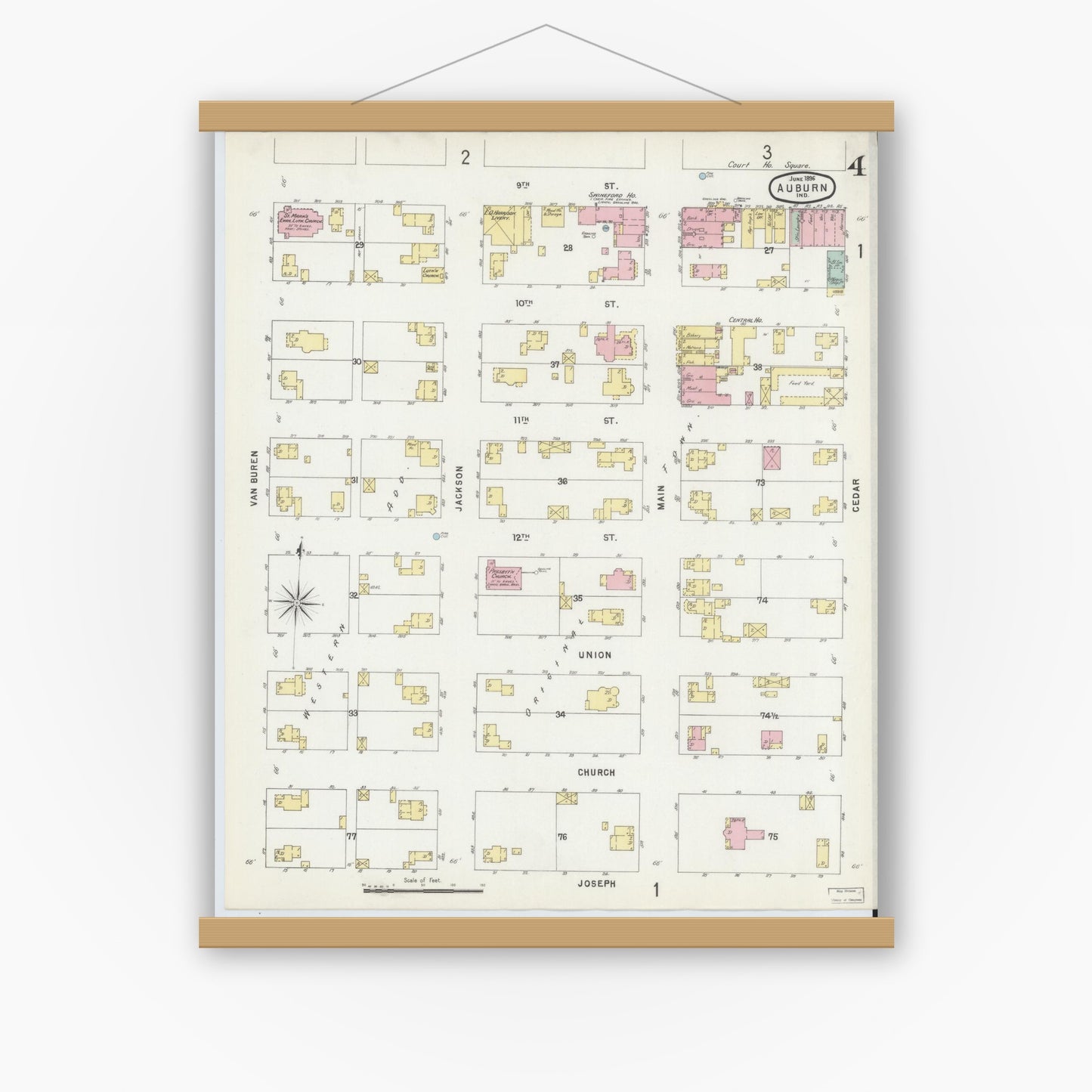 Old map wall art mockup — magnetic wood frame on white wall — Sanborn Fire Insurance Map from Auburn, De Kalb County, Indiana (1896), Sheet #0004