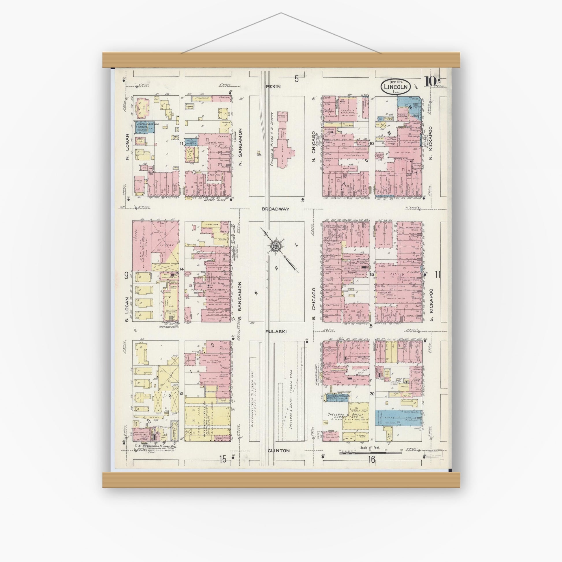Old map wall art mockup — magnetic wood frame on white wall — Sanborn Fire Insurance Map from Lincoln, Logan County, Illinois (1914), Sheet #0010