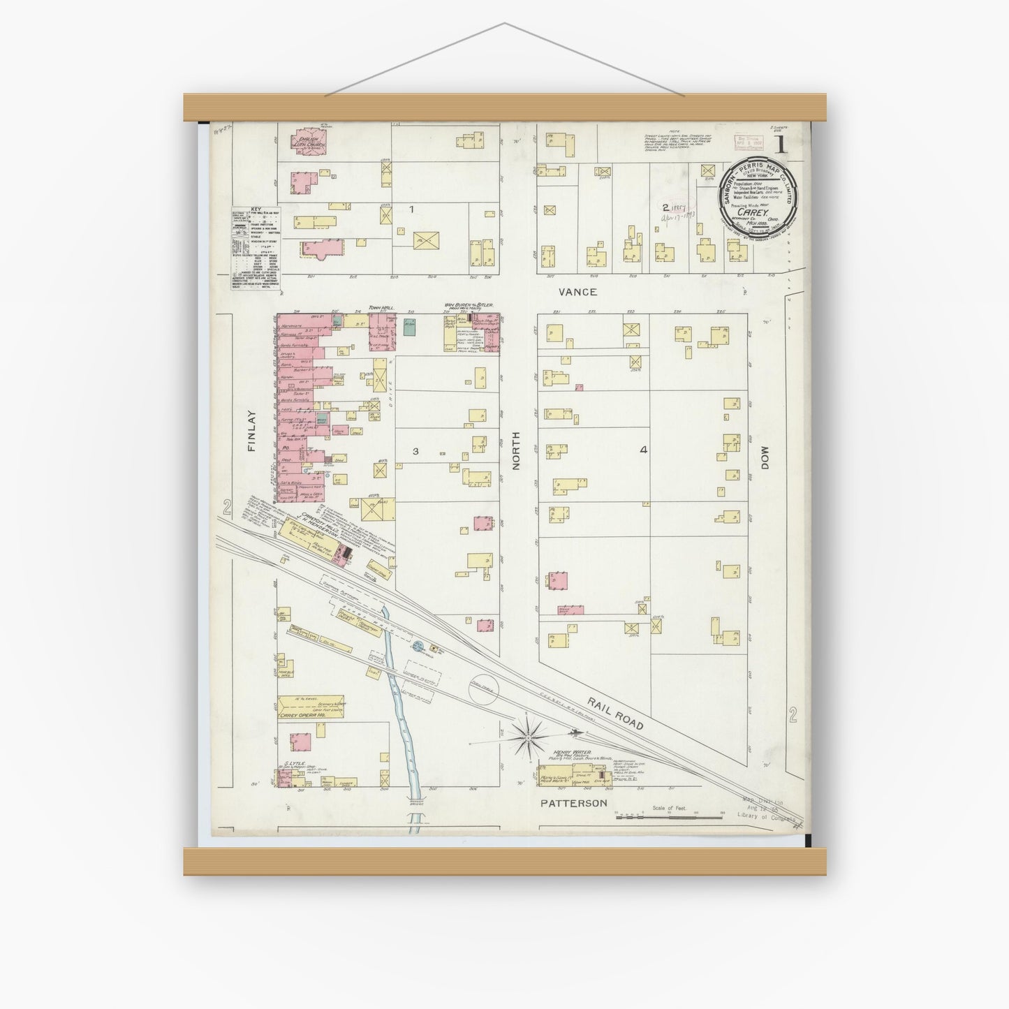 Old map wall art mockup — magnetic wood frame on white wall — Sanborn Fire Insurance Map from Carey, Wyandot County, Ohio (1893), Sheet #0001