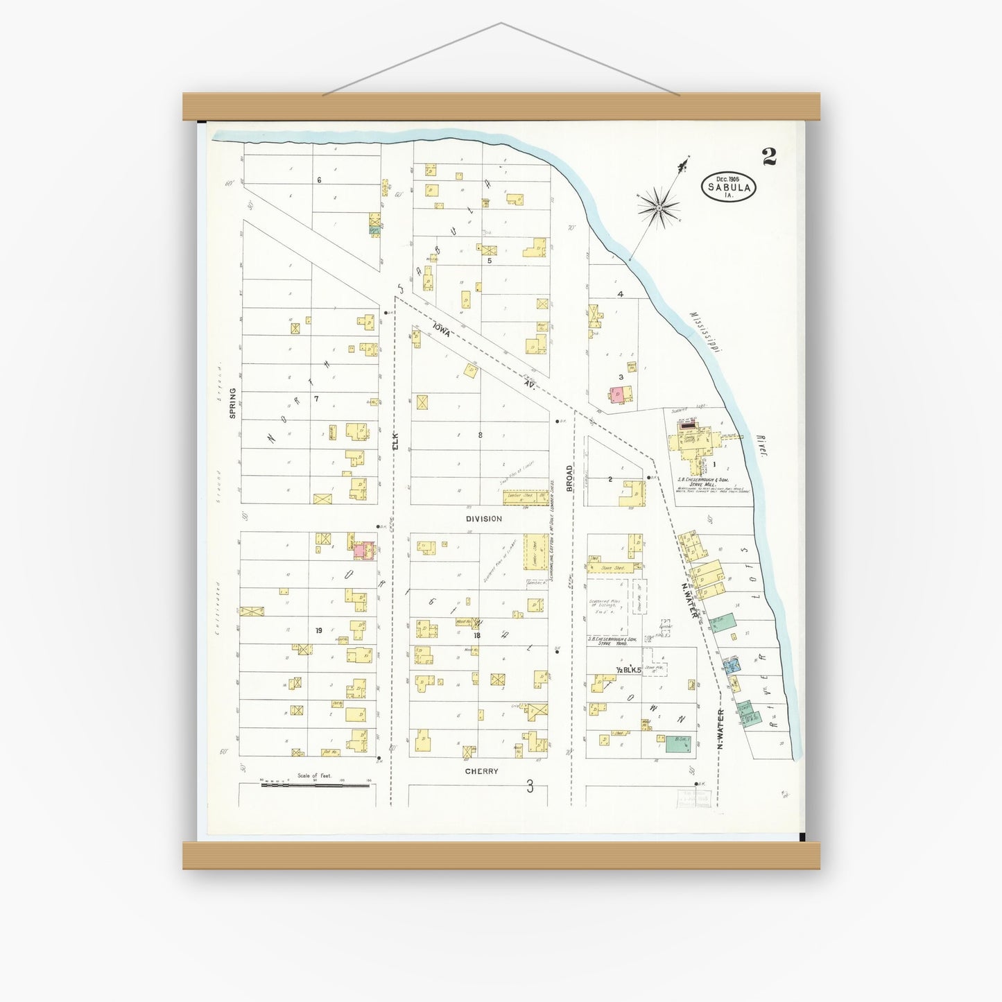 Old map wall art mockup — magnetic wood frame on white wall — Sanborn Fire Insurance Map from Sabula, Jackson County, Iowa (1905), Sheet #0002