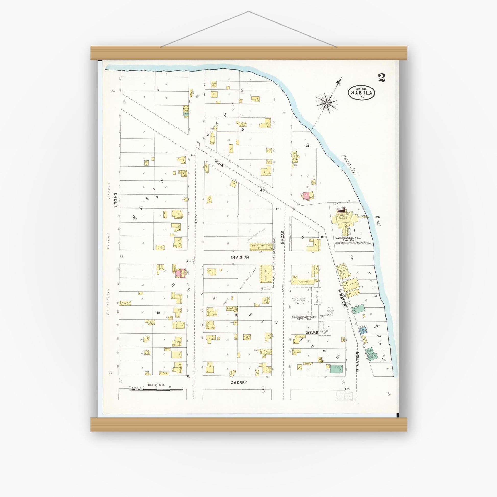 Old map wall art mockup — magnetic wood frame on white wall — Sanborn Fire Insurance Map from Sabula, Jackson County, Iowa (1905), Sheet #0002
