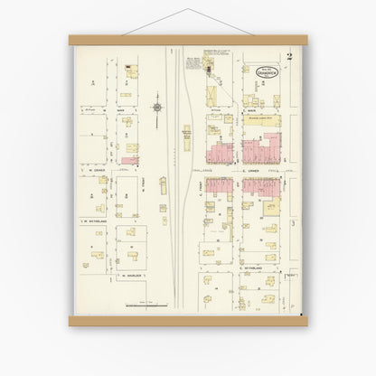 Old map wall art mockup — magnetic wood frame on white wall — Sanborn Fire Insurance Map from Grandview, Johnson County, Texas (1912), Sheet #0002