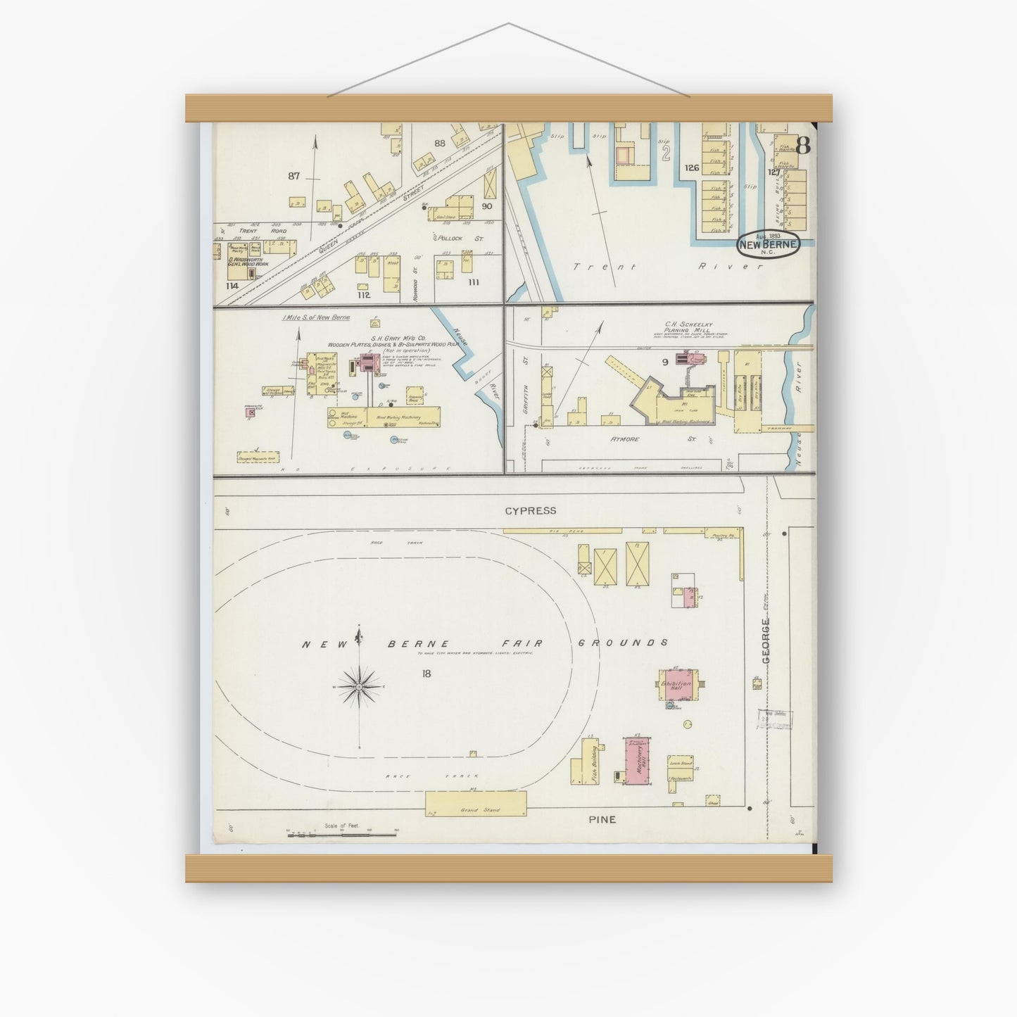 Old map wall art mockup — magnetic wood frame on white wall — Sanborn Fire Insurance Map from New Bern, Craven County, North Carolina (1893), Sheet #0008