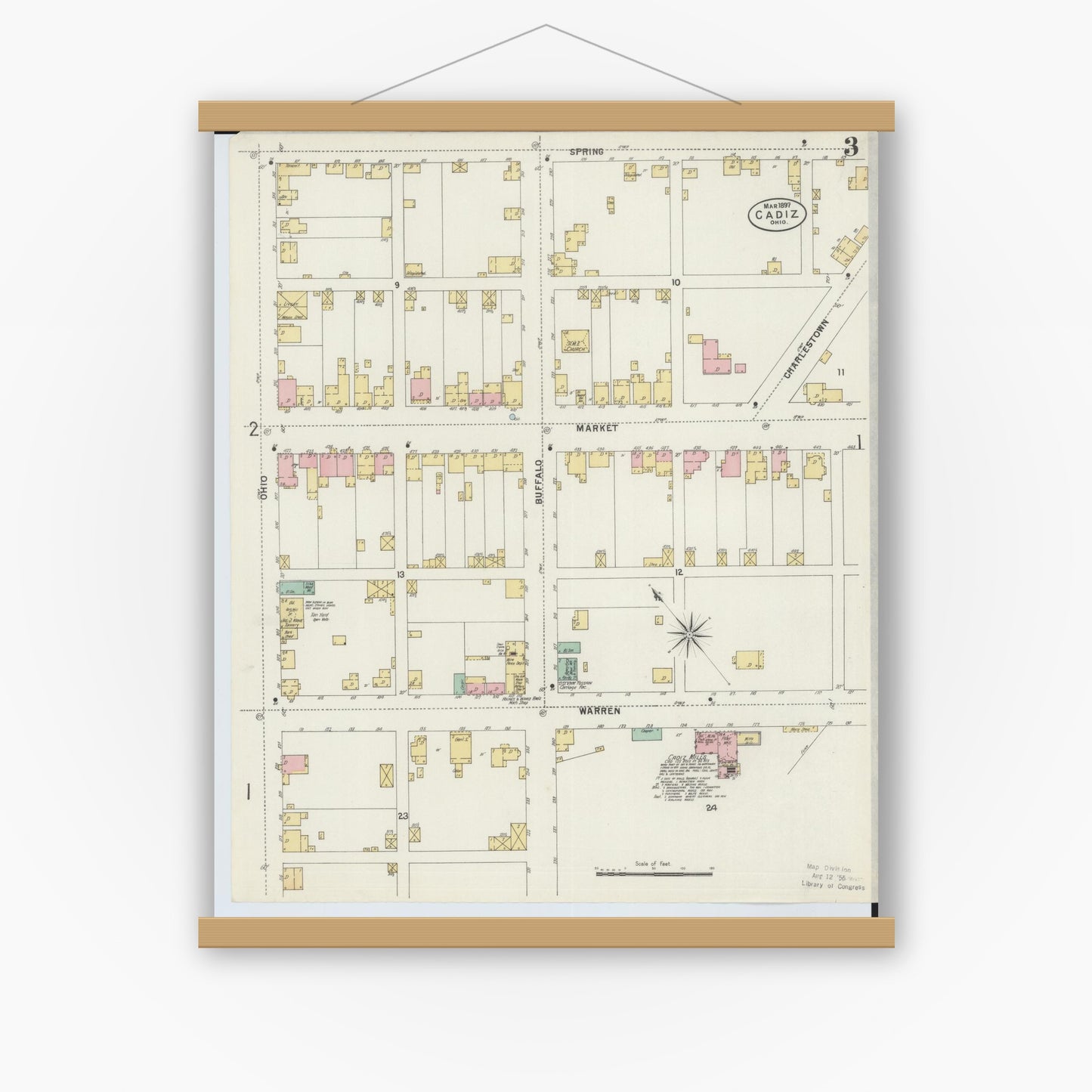Old map wall art mockup — magnetic wood frame on white wall — Sanborn Fire Insurance Map from Cadiz, Harrison County, Ohio (1897), Sheet #0003