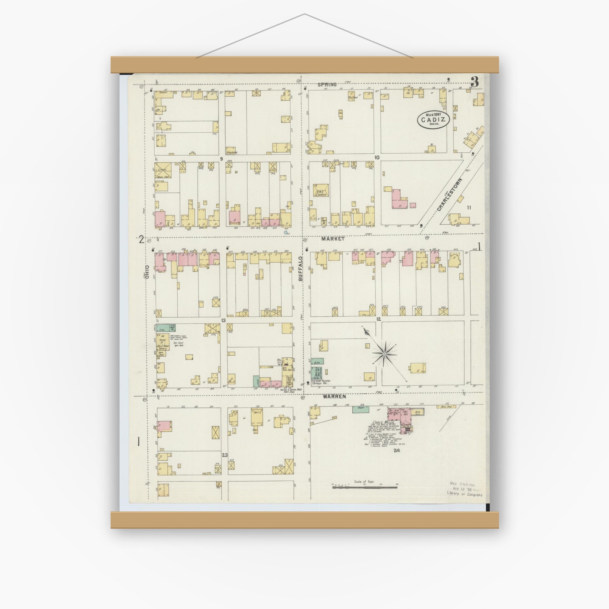 Old map wall art mockup — magnetic wood frame on white wall — Sanborn Fire Insurance Map from Cadiz, Harrison County, Ohio (1897), Sheet #0003