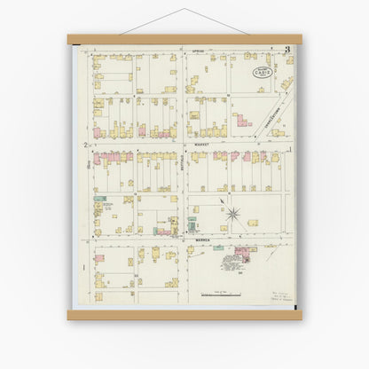 Old map wall art mockup — magnetic wood frame on white wall — Sanborn Fire Insurance Map from Cadiz, Harrison County, Ohio (1897), Sheet #0003
