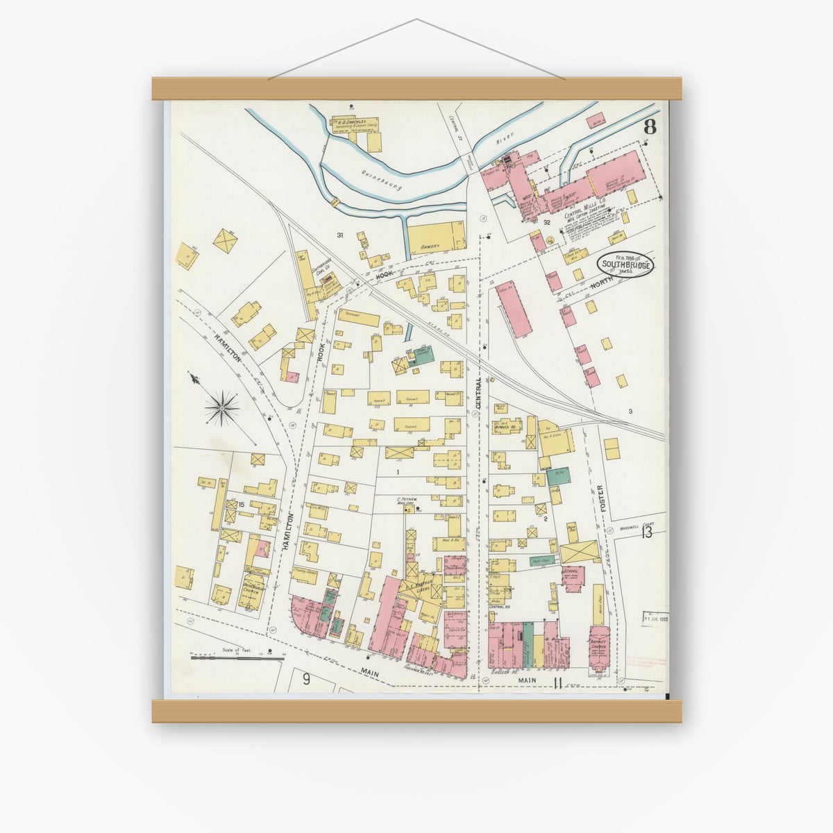 Old map wall art mockup — magnetic wood frame on white wall — Sanborn Fire Insurance Map from Southbridge, Worcester County, Massachusetts (1904), Sheet #0008