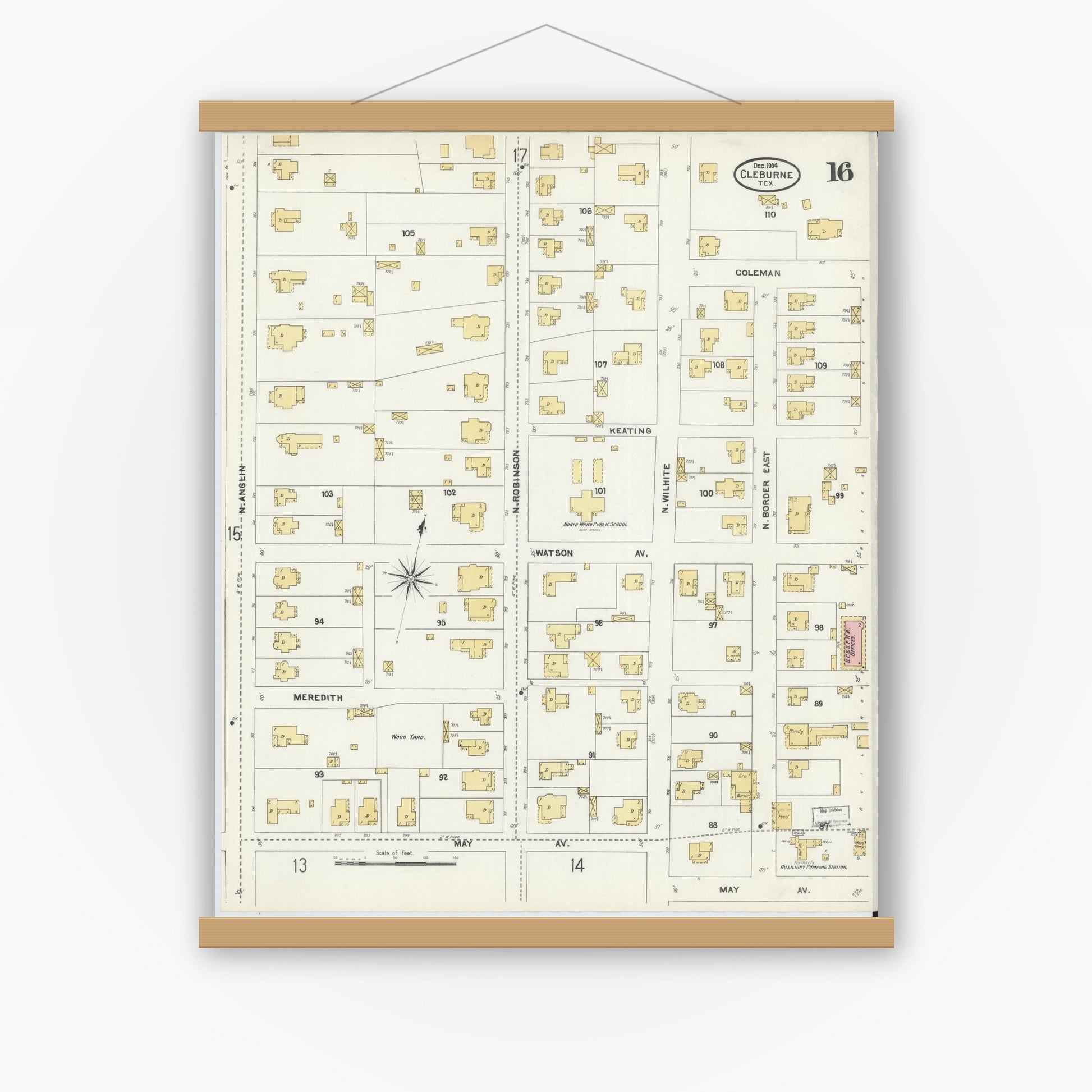 Old map wall art mockup — magnetic wood frame on white wall — Sanborn Fire Insurance Map from Cleburne, Johnson County, Texas (1904), Sheet #0016