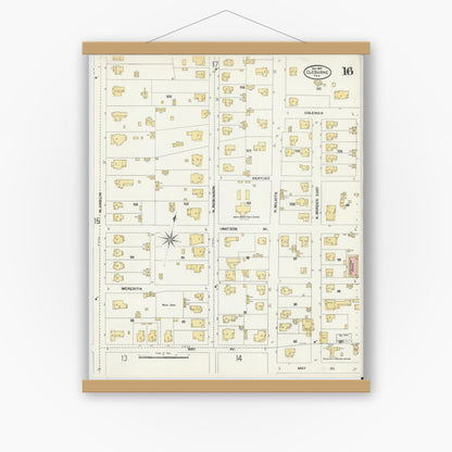 Old map wall art mockup — magnetic wood frame on white wall — Sanborn Fire Insurance Map from Cleburne, Johnson County, Texas (1904), Sheet #0016