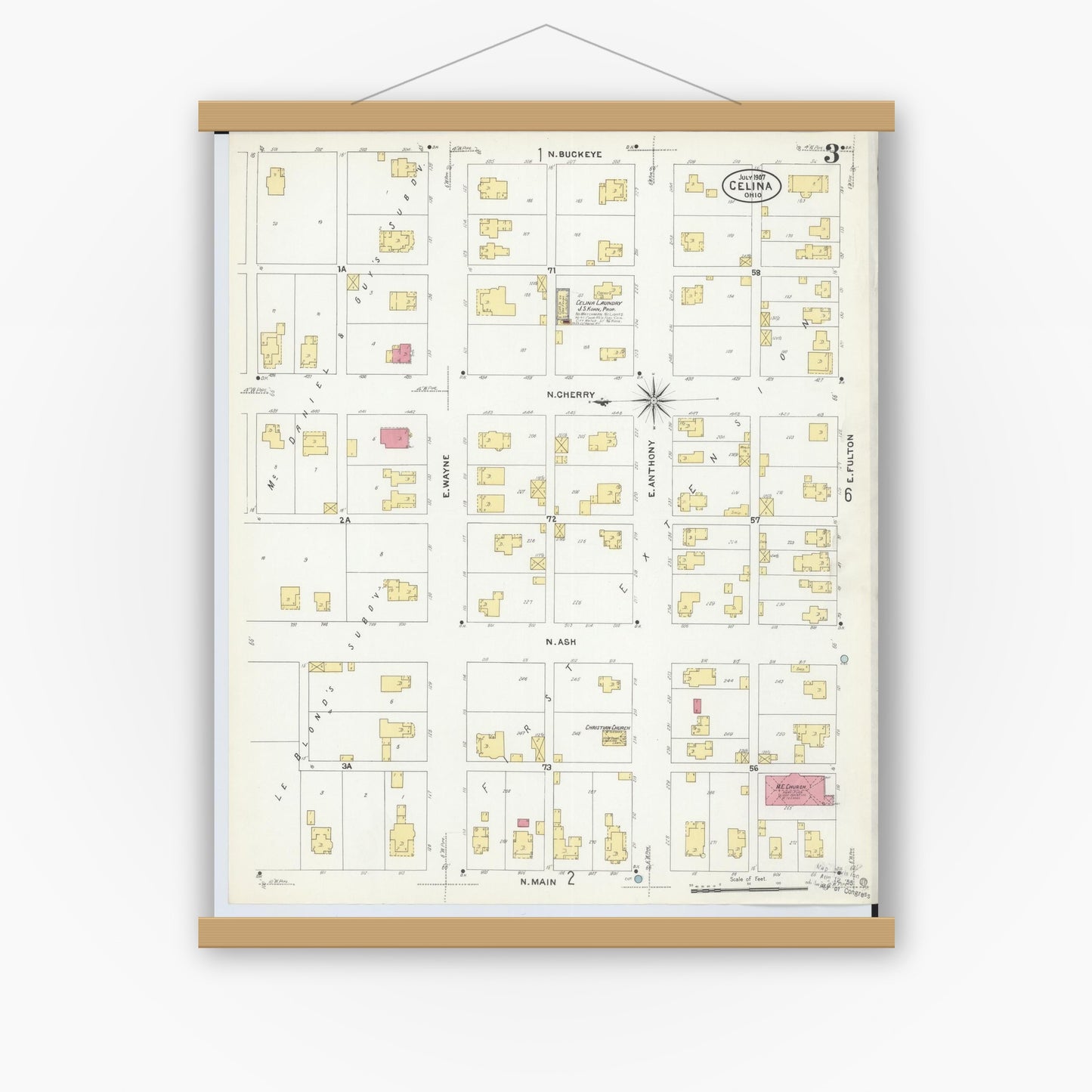 Old map wall art mockup — magnetic wood frame on white wall — Sanborn Fire Insurance Map from Celina, Mercer County, Ohio (1907), Sheet #0003