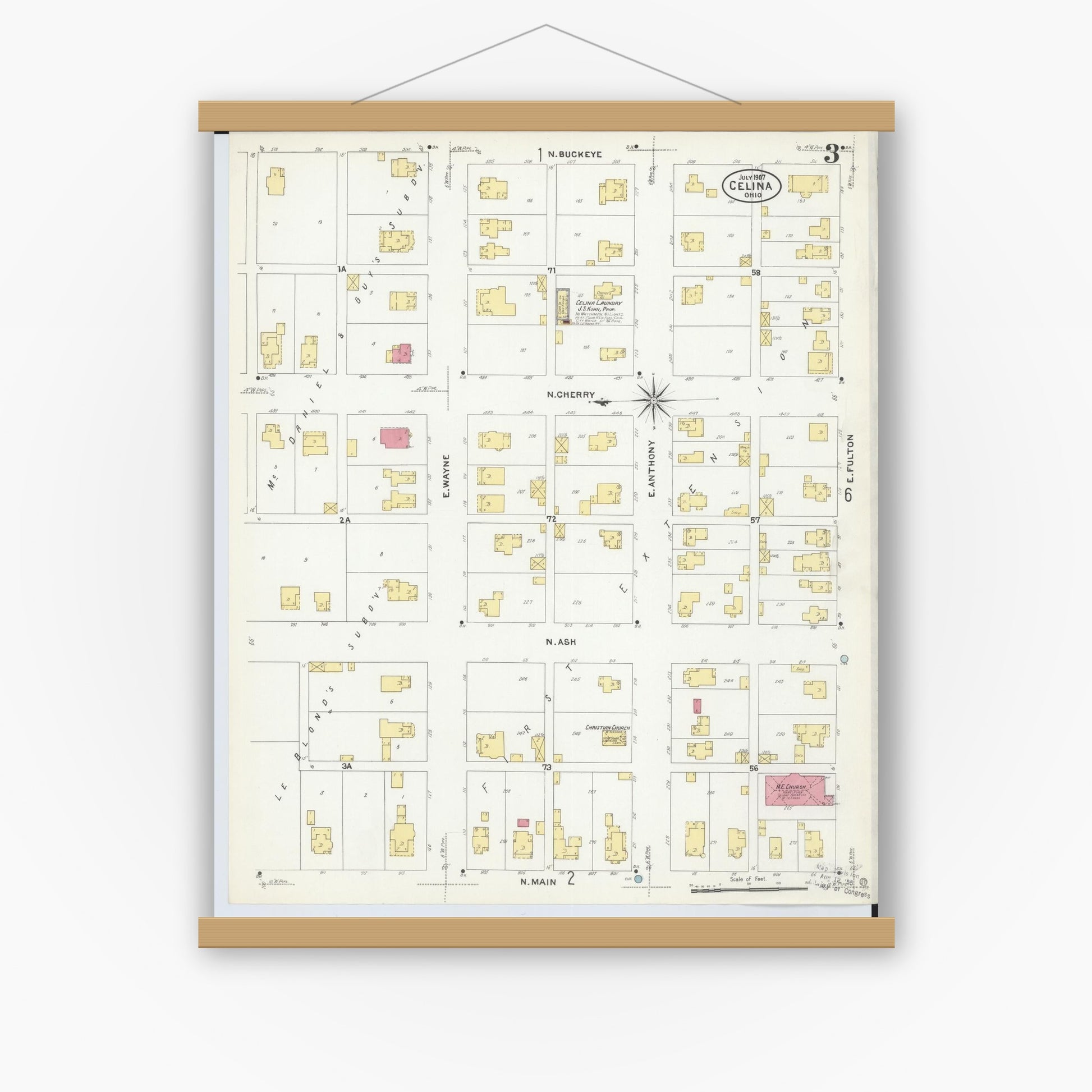 Old map wall art mockup — magnetic wood frame on white wall — Sanborn Fire Insurance Map from Celina, Mercer County, Ohio (1907), Sheet #0003